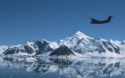 The Dash 7 flying over Ryder Bay before coming into land at Rothera Research Station.