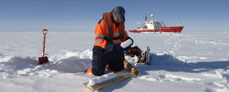 British Antarctic Survey scientist Ted Maksym studies an ice core taken through first year sea ice in the Bellingshausen Sea during the JR240 ICEBell cruise on RRS James Clark Ross (seen in the background