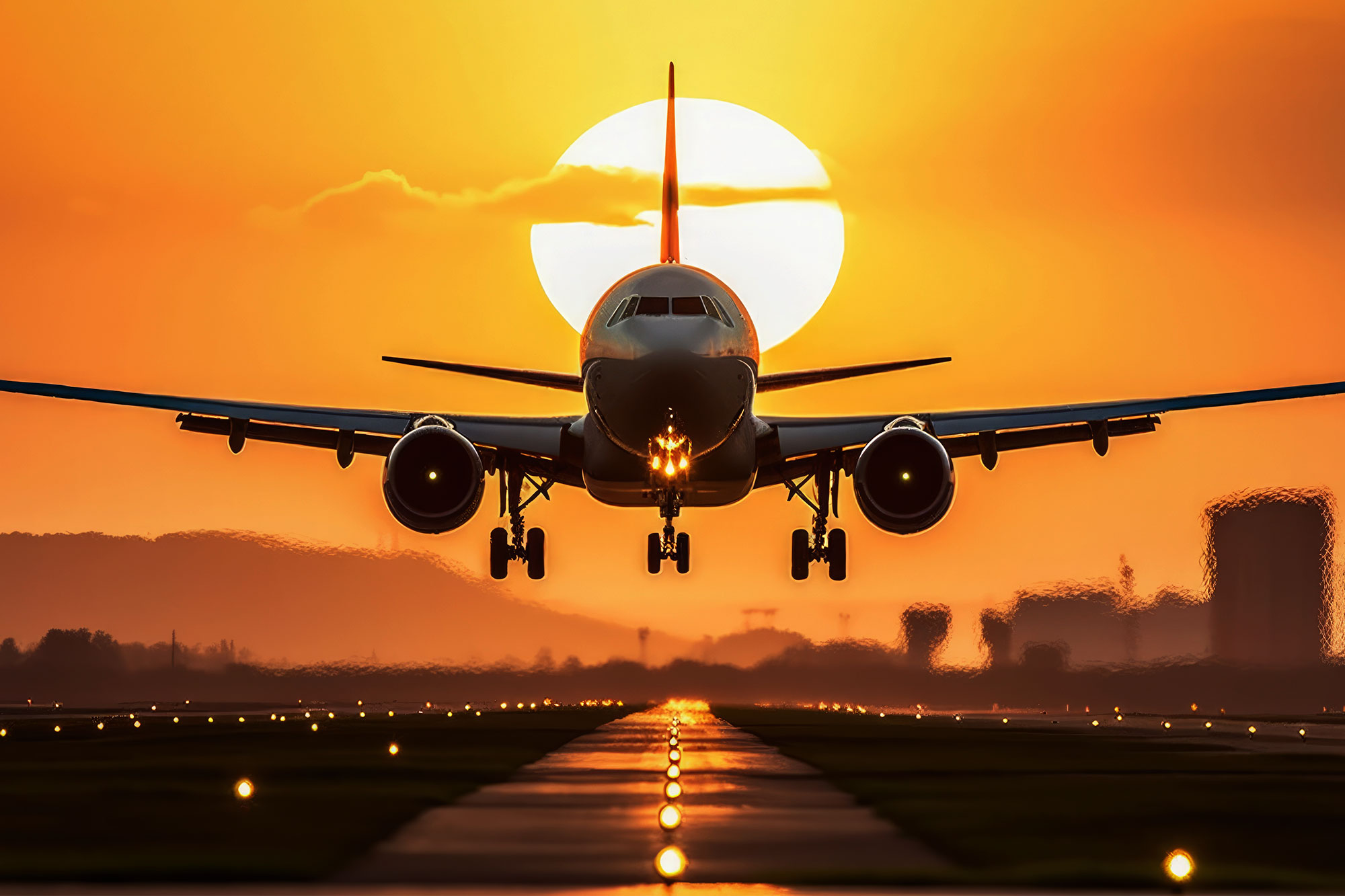 A large jetliner taking off from an airport runway at sunset or dawn with the landing gear down and the landing gear down, as the plane is about to take off