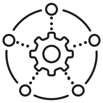 Um ícone de engrenagem central cercado por quatro ícones circulares menores conectados por linhas pontilhadas, que lembram sistemas interconectados, ilustra perfeitamente a conectividade simplificada que o MicroStation oferece ao impulsionar projetos de infraestrutura de transporte.