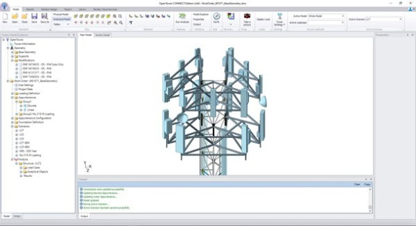 Das OpenTower-Softwarefenster zeigt ein 3D-Modell eines Mobilfunkmastes mit verschiedenen Antennen an, komplett mit Funktionen zur Befestigungsanalyse. Die Benutzeroberfläche enthält Menüs, ein Navigationsfeld auf der linken Seite und eine Befehlskonsole am unteren Rand.