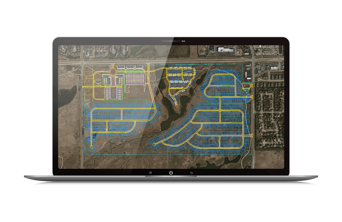 Aerial overview of site design draft in OpenSite Designer