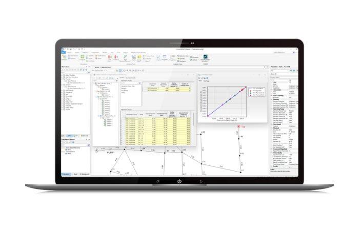 Laptop screen displaying a scientific software interface with data tables, a line graph, and a map.