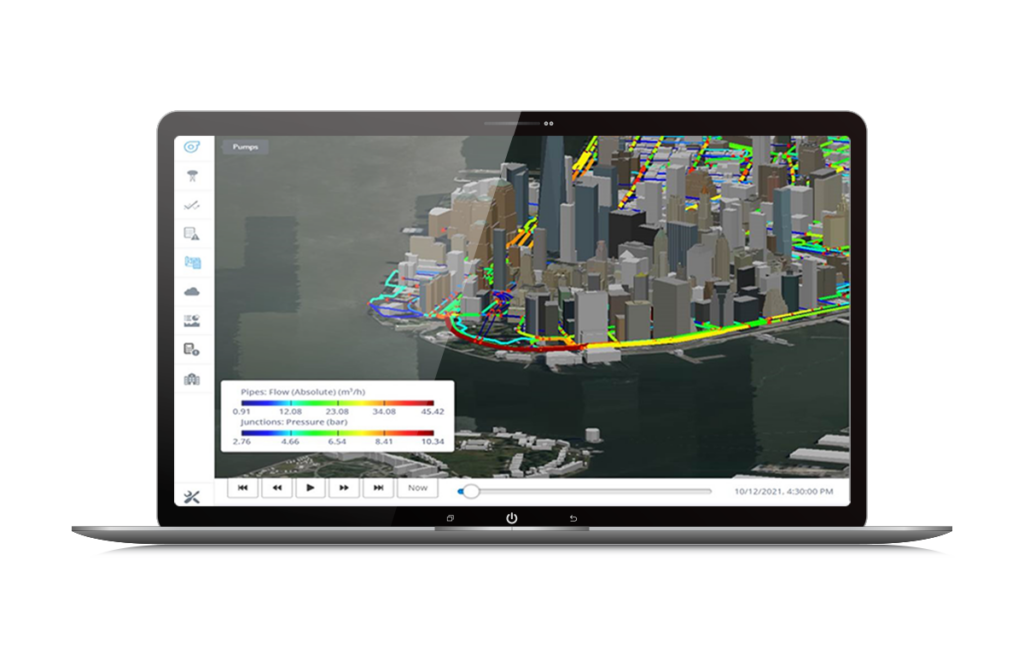 computer screen showing a 3d rendering of city over looking the water using itwin experience software