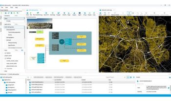 Screenshot of a software interface showing a map from OpenPaths, a flowchart, and a list of network details. The map depicts a city layout, and the flowchart illustrates a data flow process.