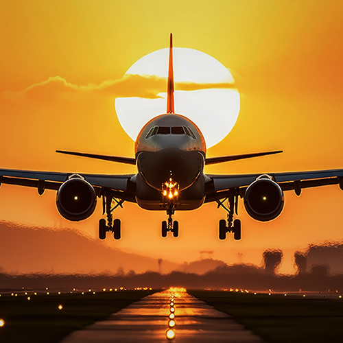 A large jetliner taking off from an airport runway at sunset or dawn with the landing gear down and the landing gear down, as the plane is about to take off