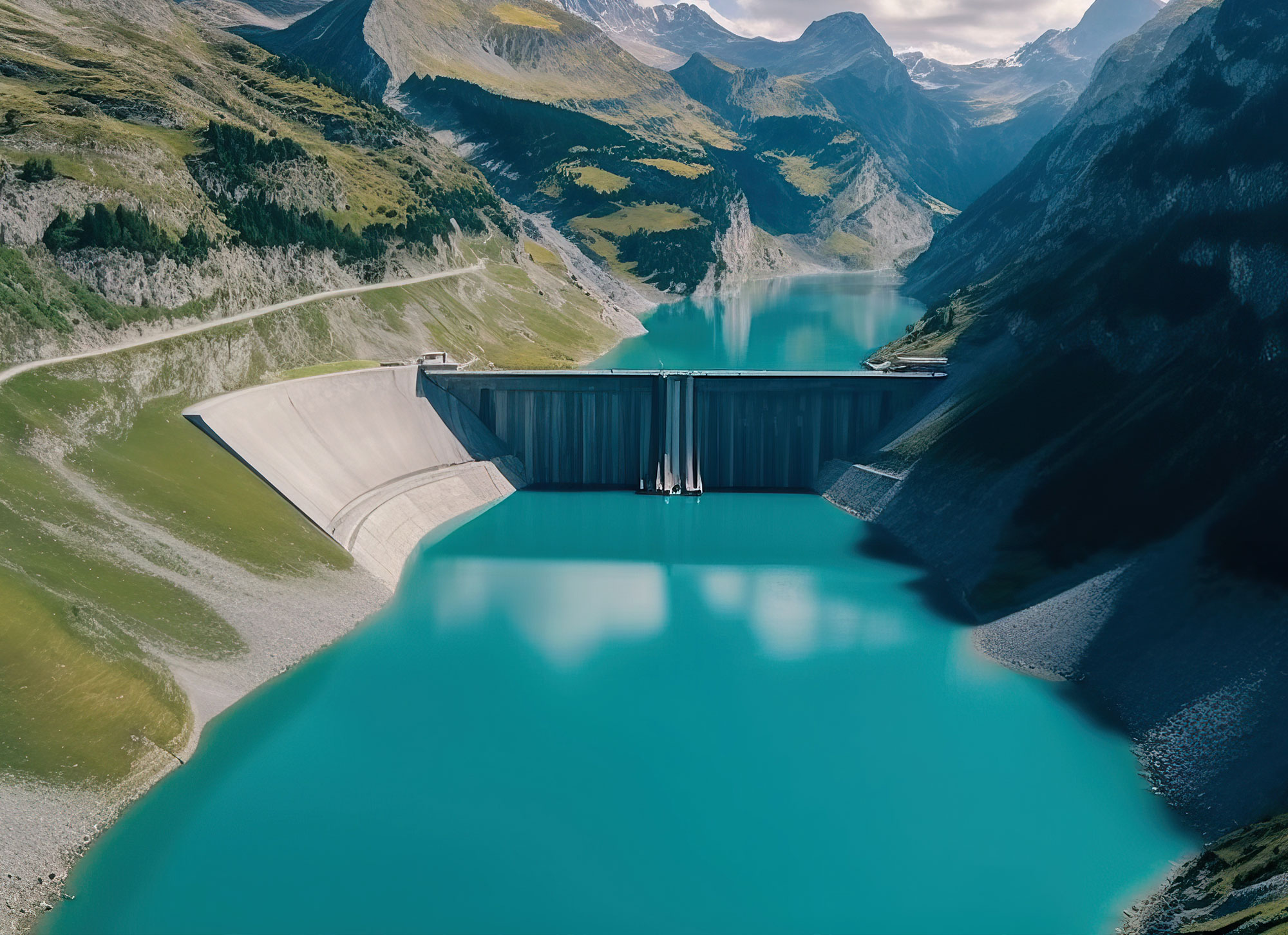 Barragem de água e lago reservatório nas montanhas dos Alpes Suíços produzindo energia hidrelétrica sustentável, hidroeletricidade