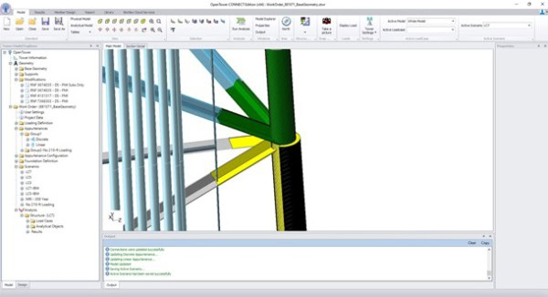 Screenshot der Benutzeroberfläche der 3D-Engineering-Software, die ein detailliertes strukturelles Modell mit verschiedenen farbigen Elementen zeigt, umgeben von Menüs, Symbolleisten und einem Projektmanagement-Bereich mit OpenTower für eine verbesserte Befestigungsanalyse.