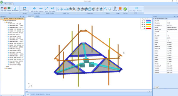 Ein Computerbildschirm, auf dem die Software OpenTower Baustatik mit einem 3D-Modell eines Dachstuhlentwurfs und verschiedenen Analysedaten innerhalb der Oberfläche angezeigt wird