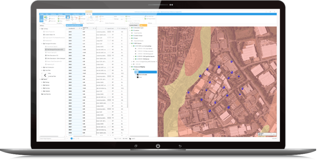 Uma tela de laptop exibindo o aplicativo OpenGround com um mapa e uma tabela de dados. O mapa apresenta locais marcados e várias áreas sombreadas, sugerindo a análise de dados geográficos cruciais para projetos de engenharia geotécnica.