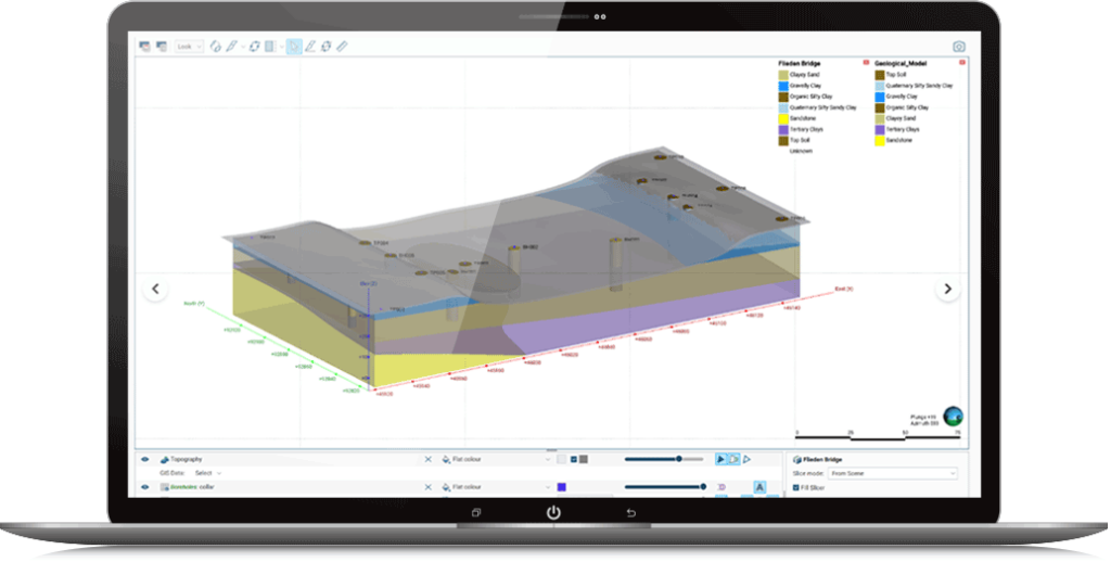 Uma tela de laptop exibindo um modelo topográfico 3D com várias camadas geológicas e uma legenda codificada por cores, ideal para entender a mecânica do solo e os princípios da engenharia geotécnica