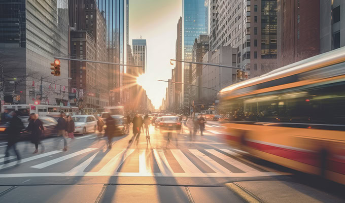 Busy city street intersection at sunset with buildings, pedestrians crossing, and blurred motion of vehicles passing by.