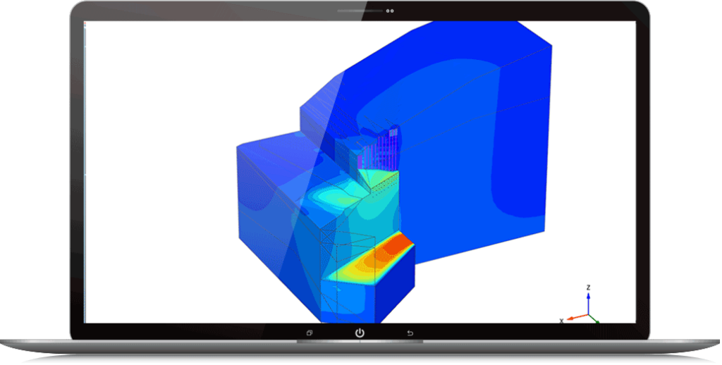 Um laptop exibindo uma simulação colorida de mapa de calor na tela com um modelo 3D, destacando vários gradientes de temperatura relevantes para a mecânica do solo.