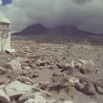 Plymouth, Montserrat. Mud flow deposits at clocktower.