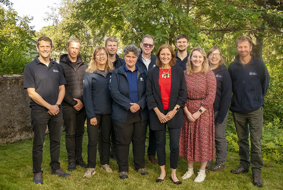 Left to right: Andrew Finlayson (BGS); Sigurður Ingi Friðleifsson (Orkustofnun); Steinunn Hauksdóttir (ÍSOR); Ögmundur Erlendsson (ÍSOR); Anett Blischke (ÍSOR); Árni Magnússon (ÍSOR); Dr Bryony Mathew (British Ambassador to Iceland); Duncan Stevens (BGS); Molly Lewis (Second Secretary, British Embassy); Nicola Dakin (BGS), and Dayton Dove (BGS). BGS © UKRI.