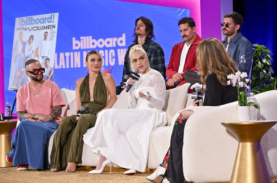 Nacho, Lele Pons, Elena Rose, Danny Ocean, Ricky and Mau during Billboard Latin Music Week Day 3 Panels at the Fillmore Hotel Miami Beach on Oct. 16, 2024 in Miami Beach, Florida.