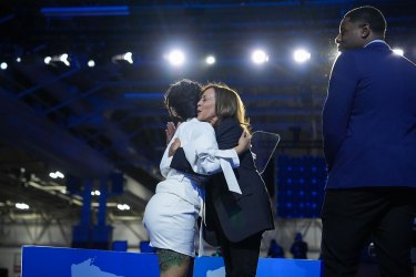 WEST ALLIS, WISCONSIN - NOVEMBER 01: Cardi B and Democratic presidential nominee, U.S. Vice President Kamala Harris hug on stage during a campaign rally at the Wisconsin State Fair Park Exposition Center on November 1, 2024 in West Allis, Wisconsin. With four days until election day, Vice President Kamala Harris is campaigning in Wisconsin. (Photo by Andrew Harnik/Getty Images)