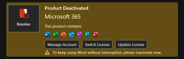 Microsoft 365 "Product Deactivated" warning