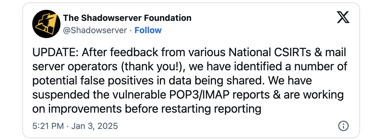 Shadowserver IMAP POP3 reports