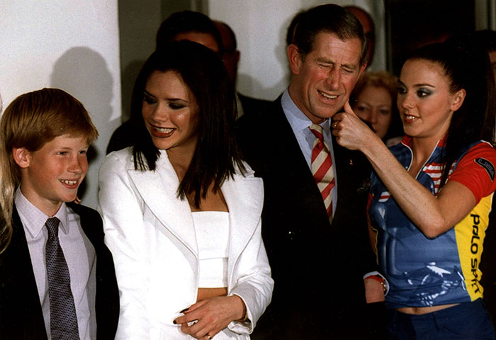 Prince Harry And Prince Charles With Victoria Adams "Posh Spice" And Mel C "Sporty Spice"