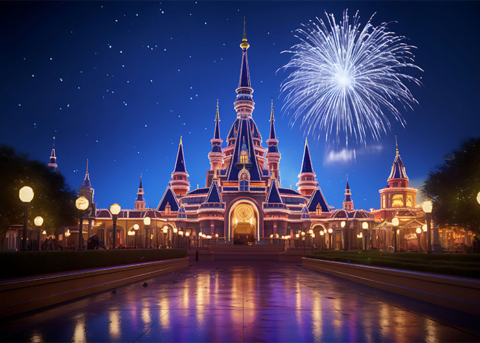 Disney castle with fireworks lighting the night sky, representing a family vacation trip.