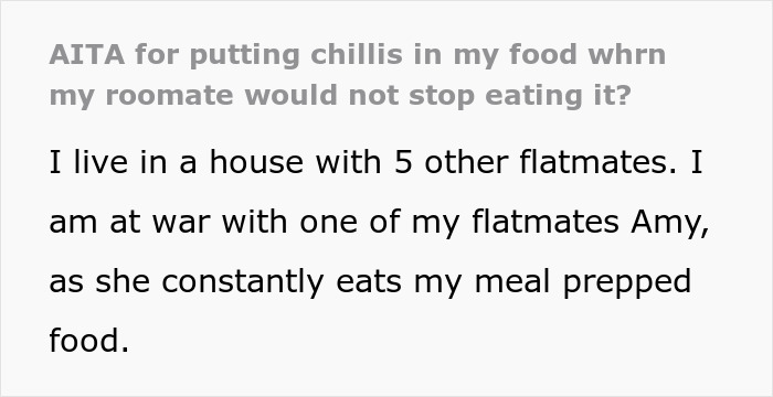 Text post about a food-thieving roommate eating meal prepped food, sparking a dispute over spicy surprise tactics.