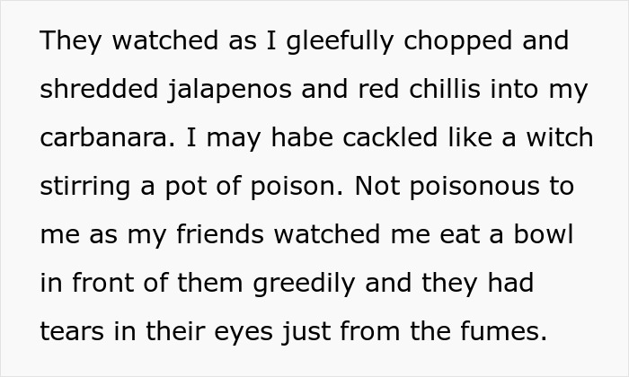 Text describing a prank with spicy food, involving jalapenos and red chilies, prepared for a food-thieving roommate.