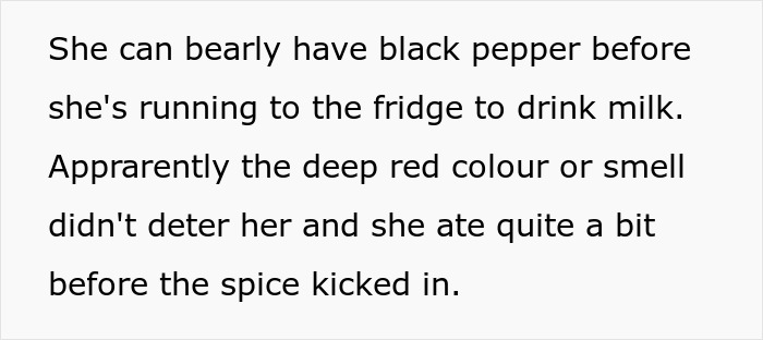 Text about a food-thieving roommate falling into a spicy trap, describing her rushing to drink milk after eating spicy food.