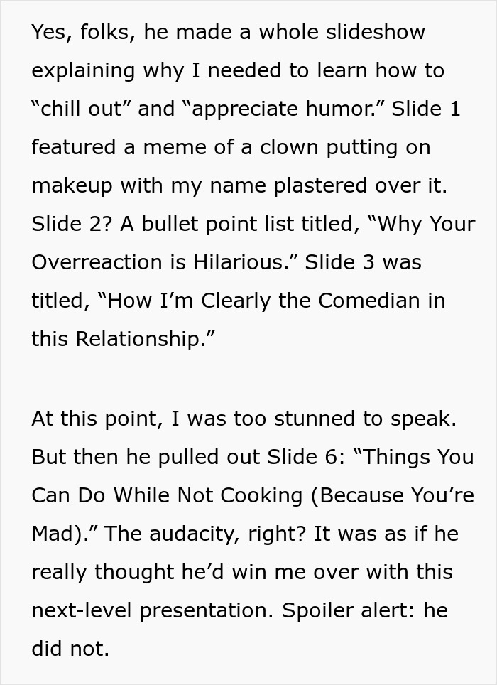 Man Thinks Criticizing GF’s Food With A Presentation Is Funny Until She Gives One To Him