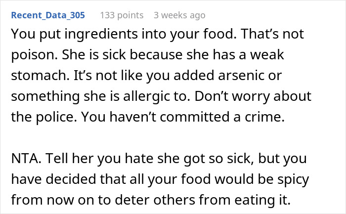 Text exchange about a person dealing with a food-thieving roommate, discussing adding spicy ingredients as a deterrent.