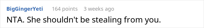 Reddit comment supporting a food-thieving roommate trap, saying "NTA. She shouldn't be stealing from you.