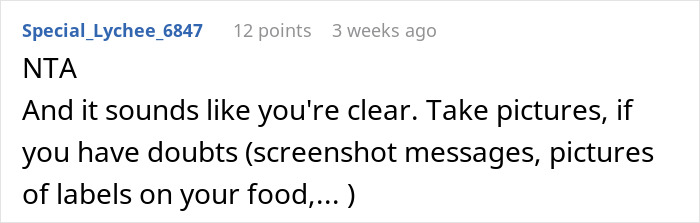 Reddit comment advising to take pictures for proof in a situation involving a food-thieving roommate.