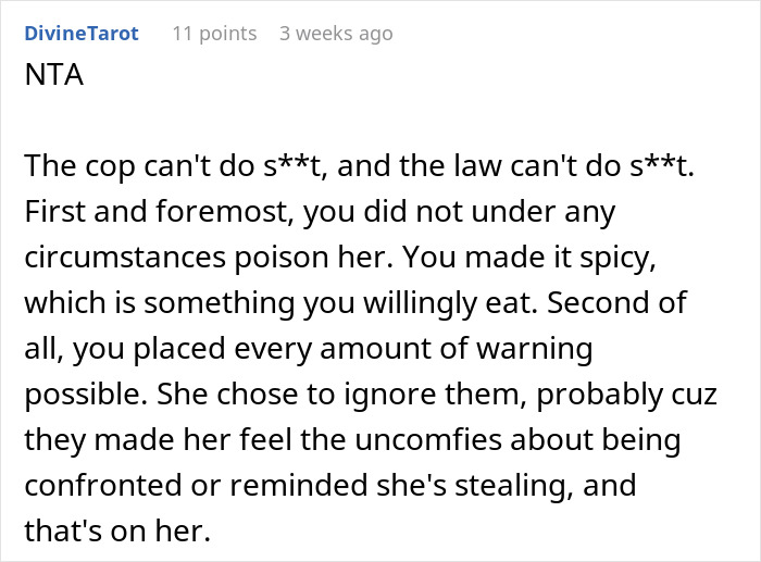 Reddit comment about a spicy food trap set for a food-thieving roommate.