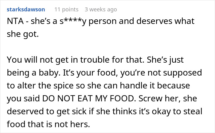 Forum comment discussing a food-thieving roommate getting trapped.