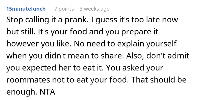 Reddit comment about food-theft, justifying a roommate’s actions against a food-thieving roommate.