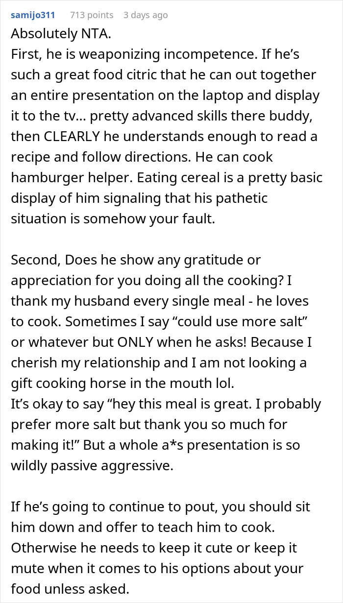 Man Thinks Criticizing GF’s Food With A Presentation Is Funny Until She Gives One To Him