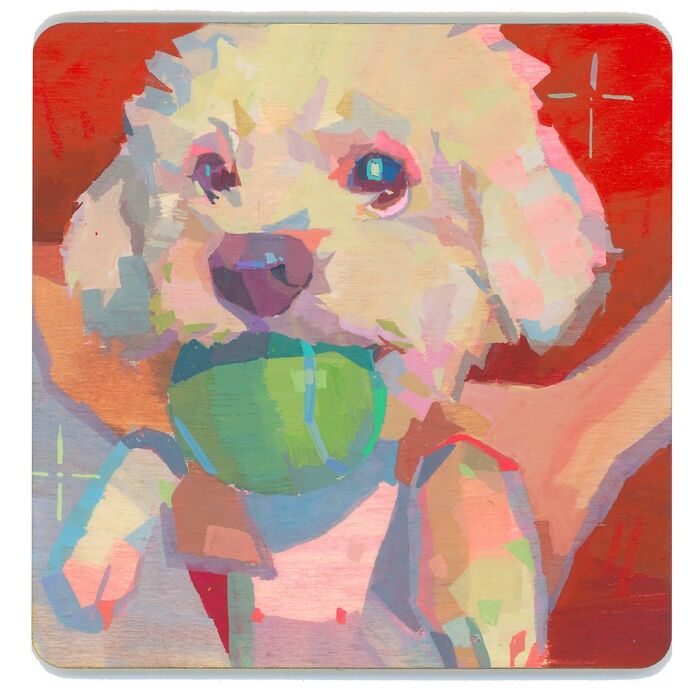 Cozy plein-air painting of a dog holding a green ball, featuring warm colors and soft brushstrokes.