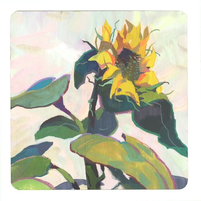 Cozy plein-air painting of a vibrant sunflower with green leaves against a soft background.