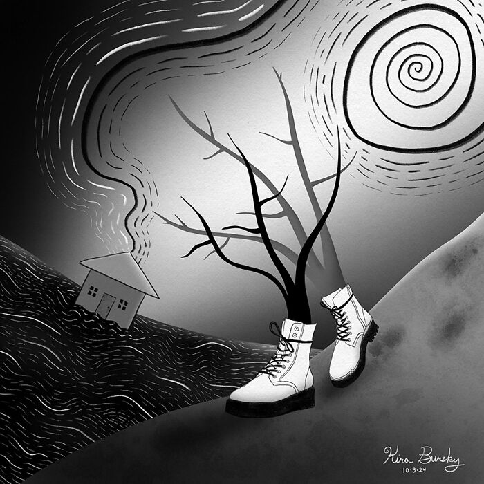 Illustration features boots, a swirling sky, barren tree, and tilted house, creatively representing themes of Hurricane Helene.