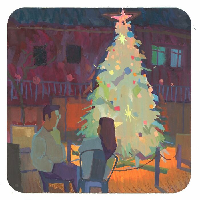 Cozy plein-air painting of a couple by a glowing Christmas tree, evoking warmth and festive ambiance.