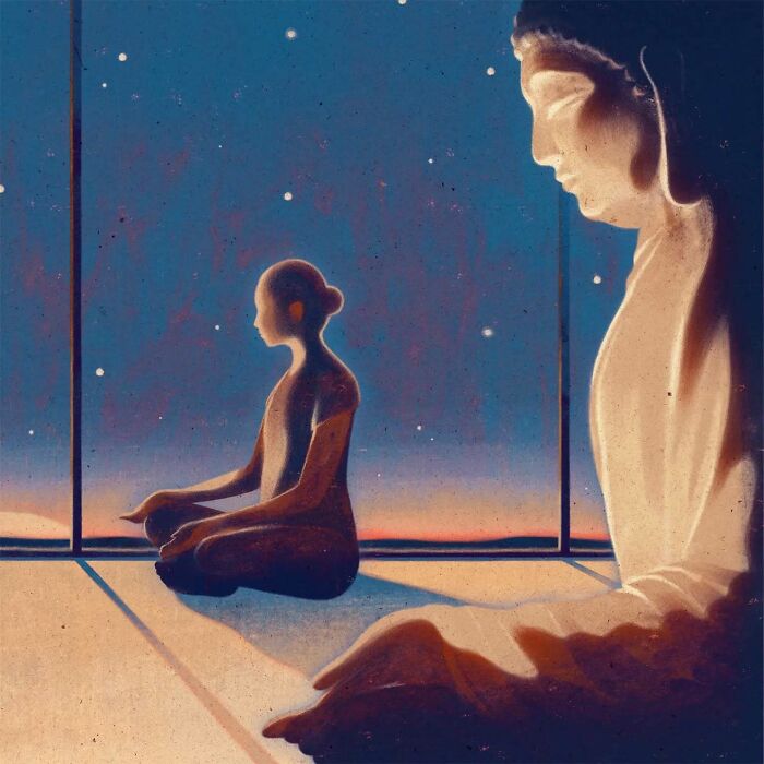 A meditative illustration by Owen Gent, merging beauty and melancholy under a starlit sky.