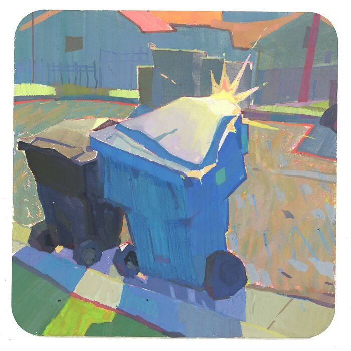 Cozy plein-air painting of trash bins with sunlight casting colorful shadows, creating a warm atmosphere.