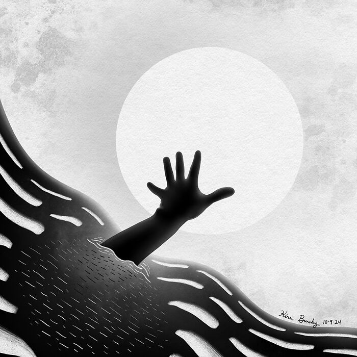 Illustration depicting a hand reaching through stormy waves under a full moon, representing coping with Hurricane Helene.