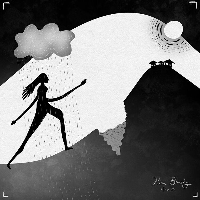 Artist's illustration depicting a figure walking in rain toward a sunlit hill with houses, inspired by Hurricane Helene.