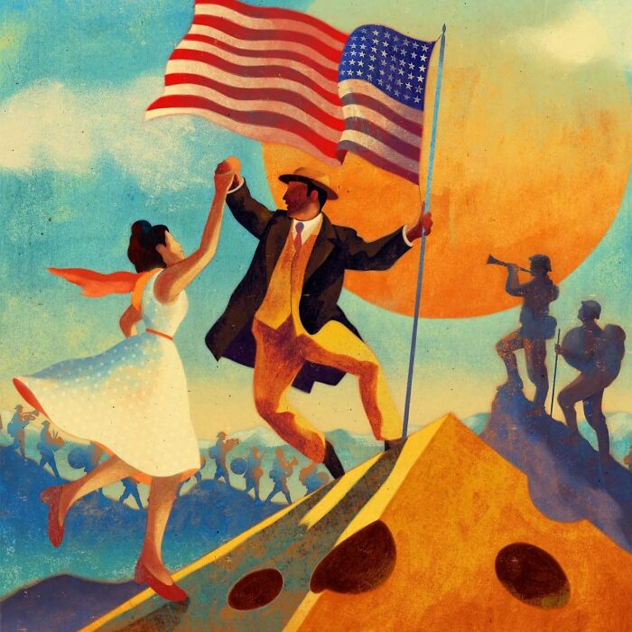 A couple dances with the American flag under a vibrant sky, capturing beauty and melancholy in harmony.