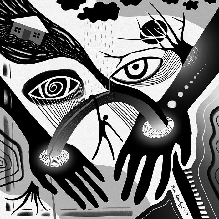 Illustration depicting abstract elements to cope with Hurricane Helene, featuring eyes, hands, and stormy motifs.