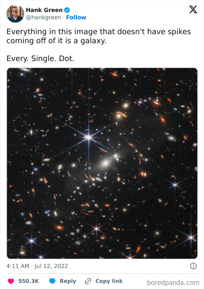 Tweet about galaxies, showcasing a vast cosmic field filled with countless bright, distant galaxies.