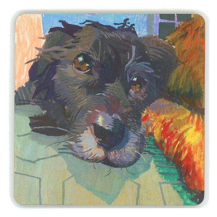 Cozy plein-air painting of a dog with textured strokes and warm colors, creating an inviting and homely feel.