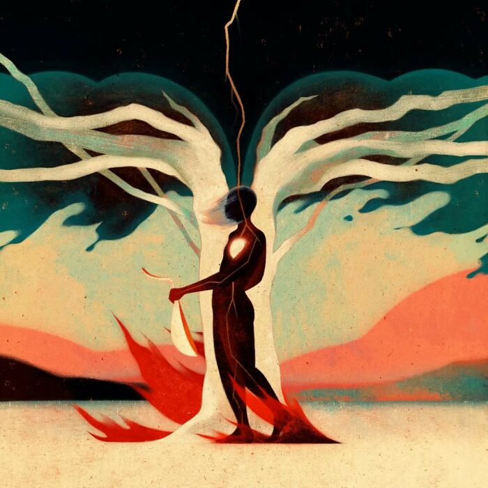 Illustration by Owen Gent: a figure combining beauty and melancholy stands near a tree with vibrant, surreal colors.