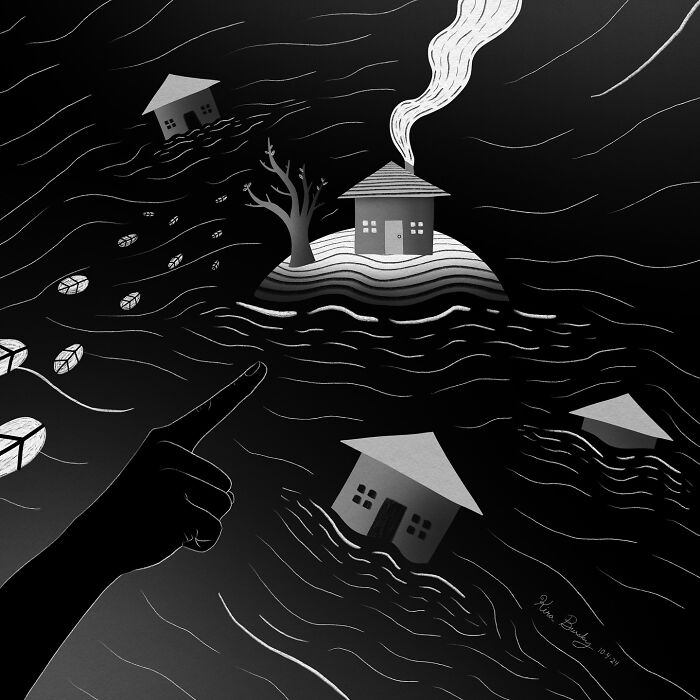 Illustration of houses in a stormy sea, with a pointing finger; inspired by Hurricane Helene.